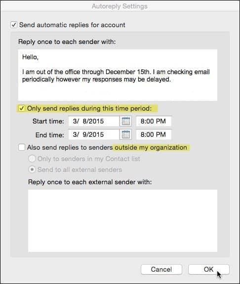 Как включить помощник автоответчика об отсутствии на работе для Outlook для Mac