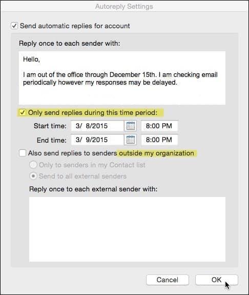 Mac için Outlook için Ofis Dışında Otomatik Yanıt Yardımcısı Nasıl Etkinleştirilir