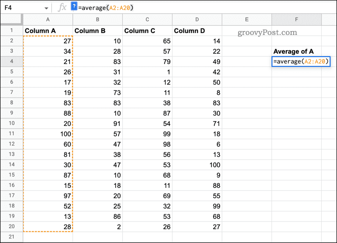 Как рассчитать средние значения в Google Sheets