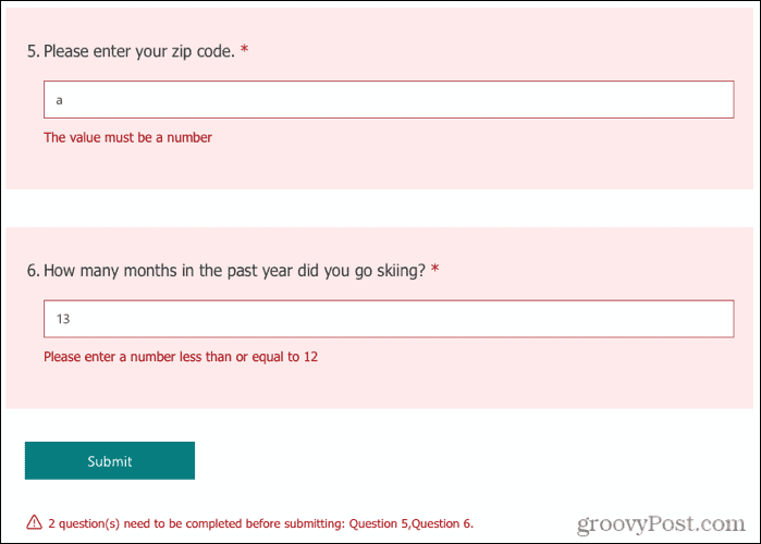 Beperkingen gebruiken voor vragen in Microsoft Forms