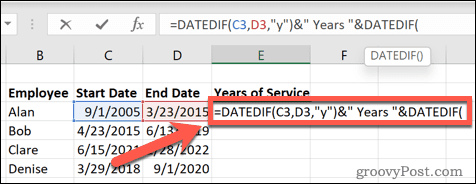 如何在 Excel 中計算服務年限