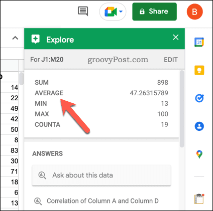 Как рассчитать средние значения в Google Sheets