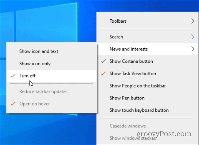 Windows 10 작업 표시줄에서 뉴스 및 관심 위젯을 비활성화하는 방법