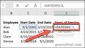 Como calcular anos de serviço no Excel