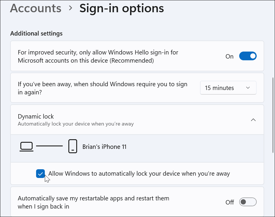 Cách sử dụng Dynamic Lock trên Windows 11