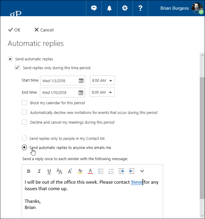 Creați răspunsuri automate în Outlook.com și Windows 10 Mail App