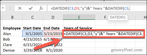 Cách tính số năm phục vụ trong Excel