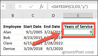 Como calcular anos de serviço no Excel