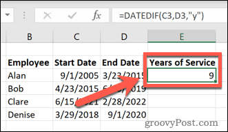 วิธีคำนวณปีของการบริการใน Excel