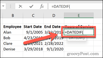 Cách tính số năm phục vụ trong Excel