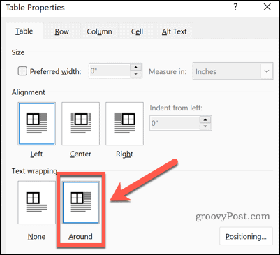 Cum să înfășurați textul în jurul unui tabel în Word