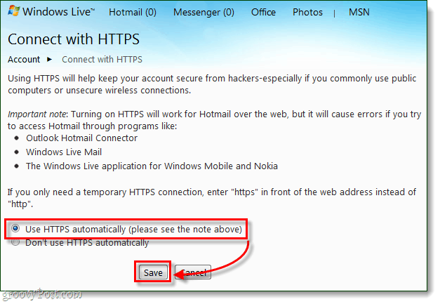 Conéctese siempre de forma segura a Windows Live y Hotmail a través de HTTPS