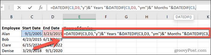 Cách tính số năm phục vụ trong Excel