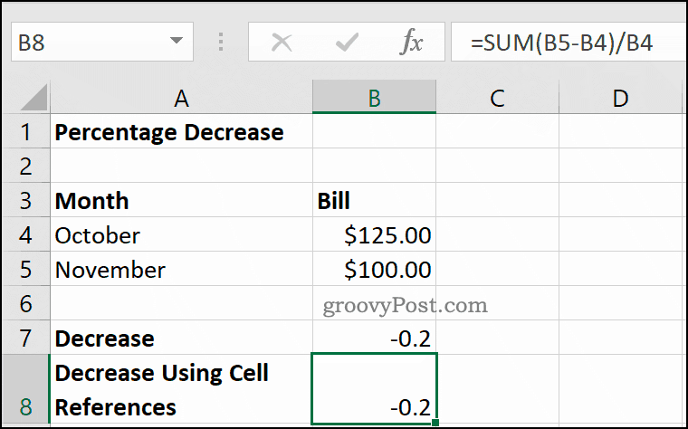 Cum se calculează creșterea sau scăderea procentuală în Excel