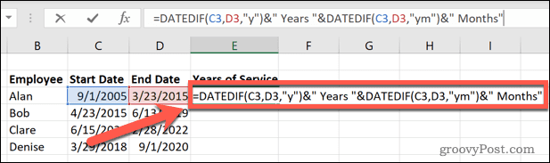 如何在 Excel 中計算服務年限