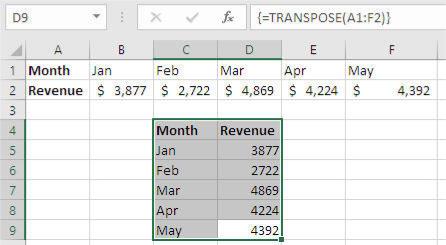 Selezione dellintervallo in Excel: TRANSPOSE