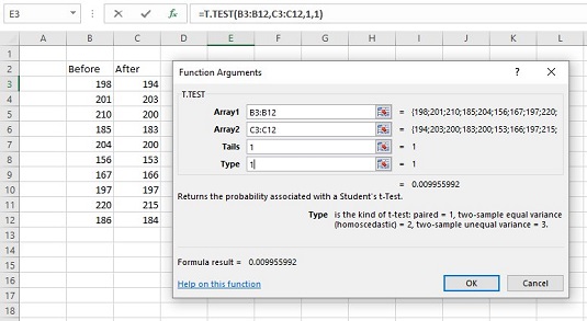 Come utilizzare T.TEST per campioni abbinati in Excel