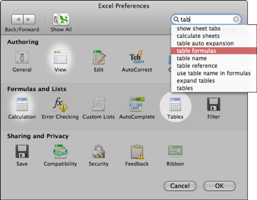 Ustawianie preferencji programu Excel w pakiecie Office 2011 dla komputerów Mac