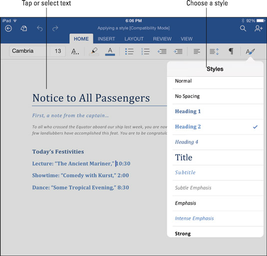 Cómo aplicar estilos en Word en el iPad