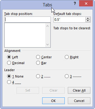 Como definir uma parada de tabulação na caixa de diálogo Tabs no Word 2013