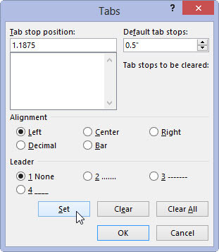 Come impostare un punto di tabulazione nella finestra di dialogo Schede in Word 2013