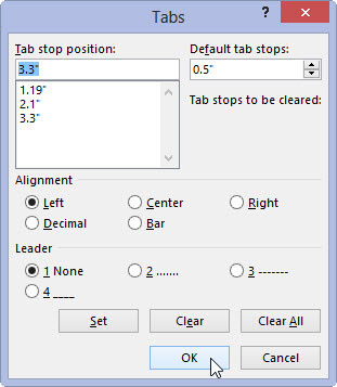 Cómo establecer una tabulación en el cuadro de diálogo de pestañas en Word 2013