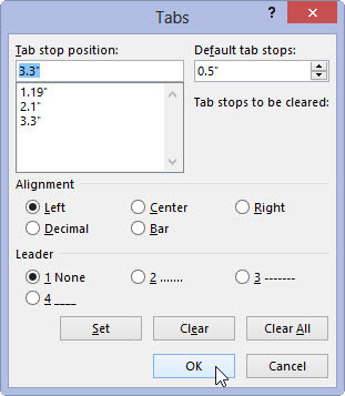 Word 2013의 탭 대화 상자에서 탭 중지를 설정하는 방법