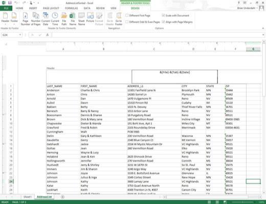 Come creare un'intestazione o un piè di pagina personalizzati in Excel 2013