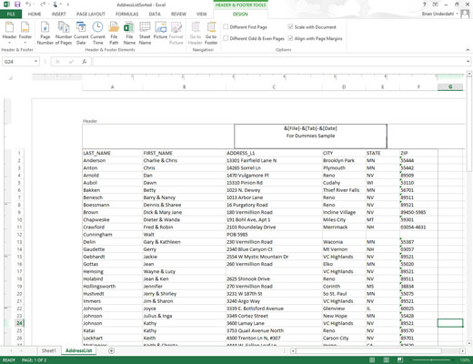 Come creare un'intestazione o un piè di pagina personalizzati in Excel 2013