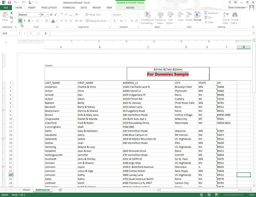 Come creare un'intestazione o un piè di pagina personalizzati in Excel 2013