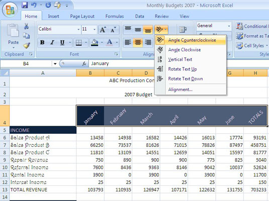 Excel 2007에서 셀 데이터 회전