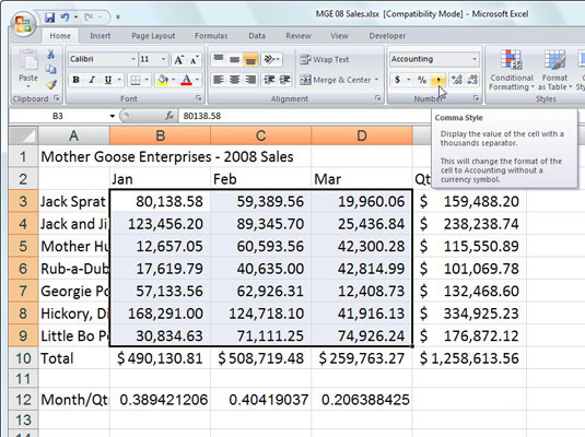 Lavorare con lo stile virgola in Excel 2007