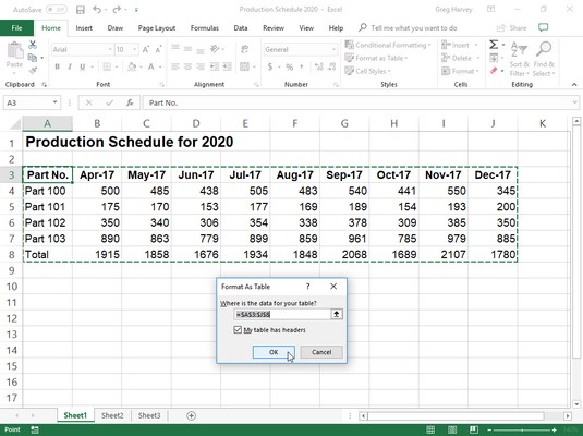 Formattazione di Excel 2019: utilizzo del formato come raccolta tabelle