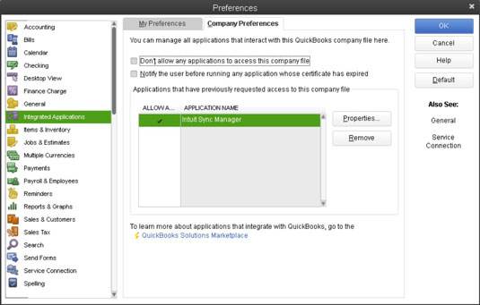QuickBooks 2013에서 통합 응용 프로그램을 제어하는 ​​방법