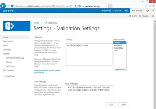 Convalida limmissione dei dati nelle colonne di SharePoint