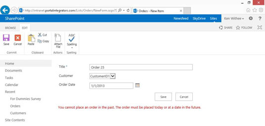 SharePoint列のデータ入力を検証する