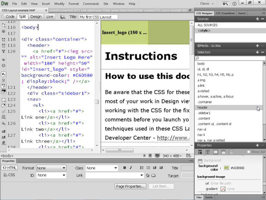 Como editar os estilos em um layout CSS no Dreamweaver