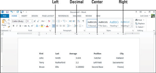 Nozioni di base sui punti di tabulazione in Word 2013