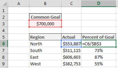 Calcular el porcentaje de meta en Excel