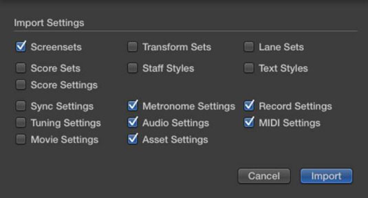 Importar configuración y contenido de otros proyectos de Logic Pro X