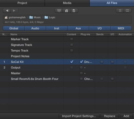 Importar configuración y contenido de otros proyectos de Logic Pro X