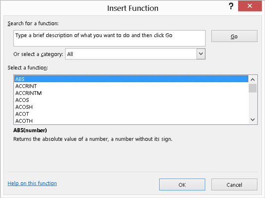 El cuadro de diálogo Insertar función en Excel 2016