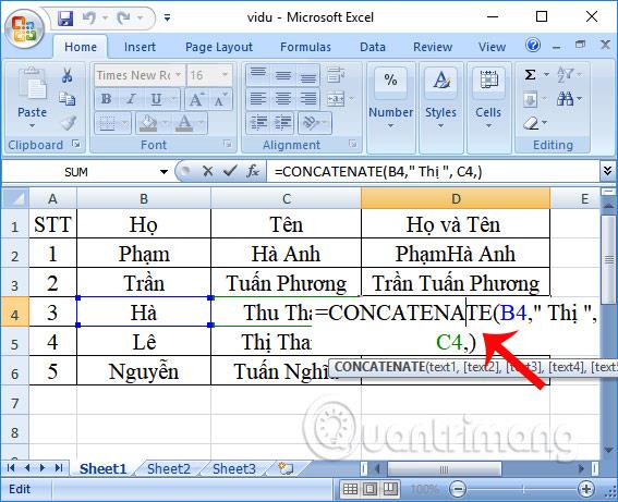 كيفية استخدام وظيفة CONCATENATE في Excel