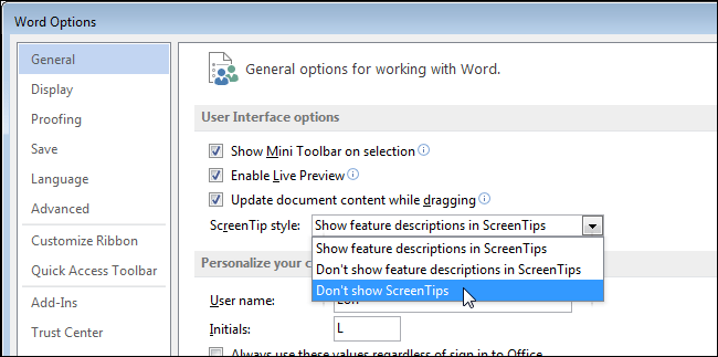 Instrucciones para deshabilitar la información en pantalla en Word 2013