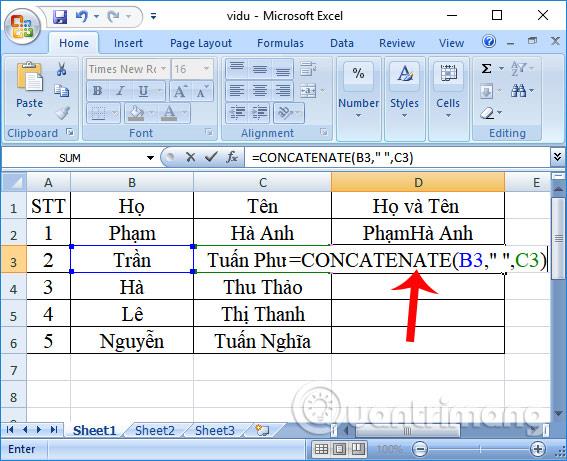 كيفية استخدام وظيفة CONCATENATE في Excel