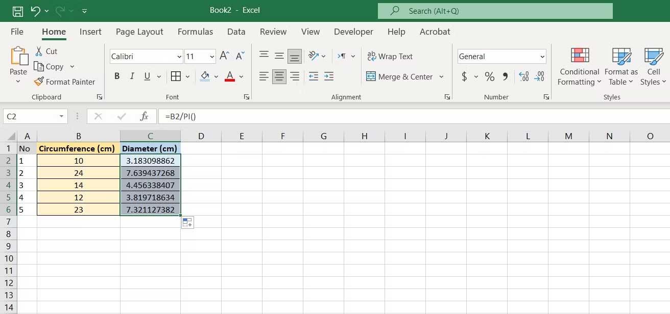 كيفية استخدام وظيفة PI في Excel