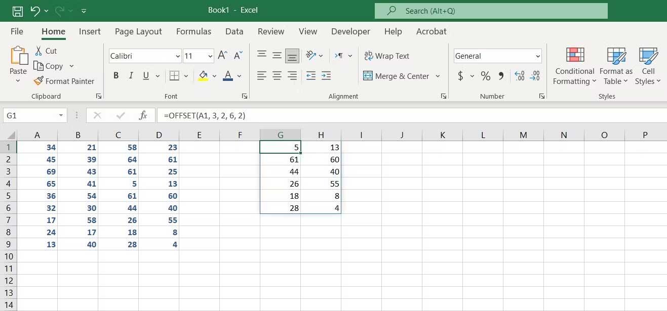 Fungsi mengimbangi dalam Excel