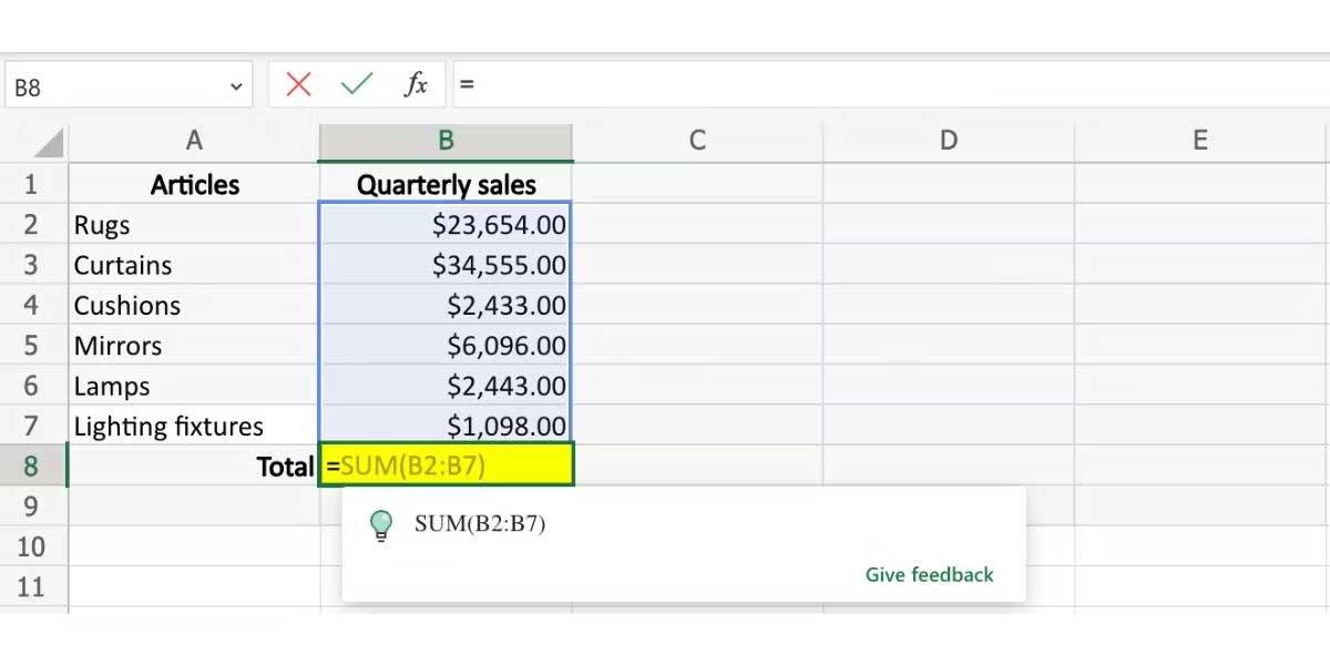Cara menggunakan cadangan formula dalam Excel di web