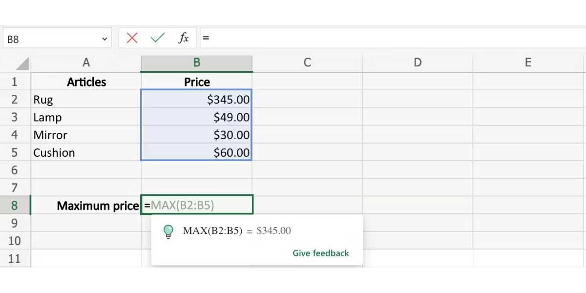 Cara menggunakan cadangan formula dalam Excel di web