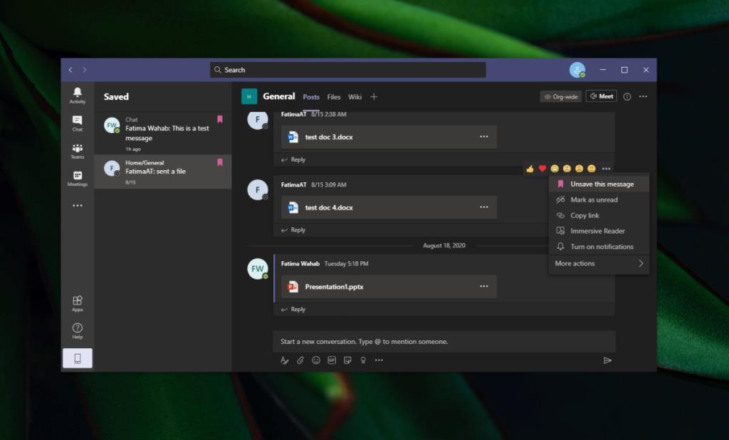 Cara menyimpan/membatalkan penyimpanan pesan di Microsoft Teams